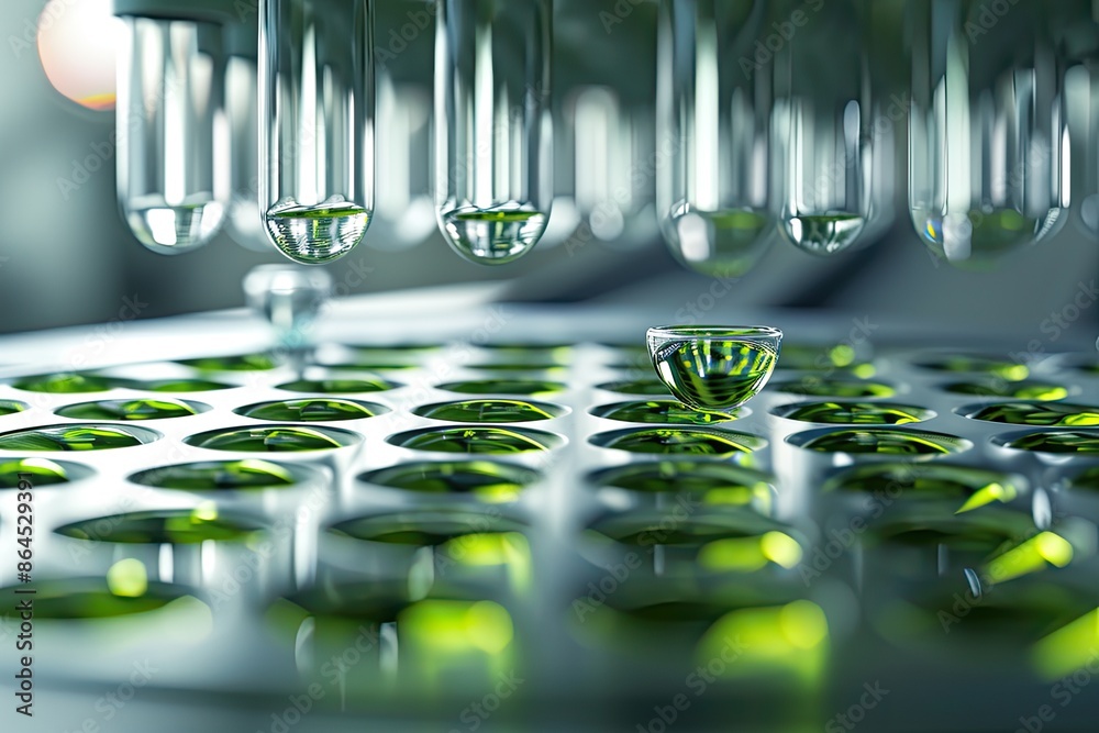Poster a row of red liquid in a laboratory, showcase the elegance of a 3d-rendered biological assay