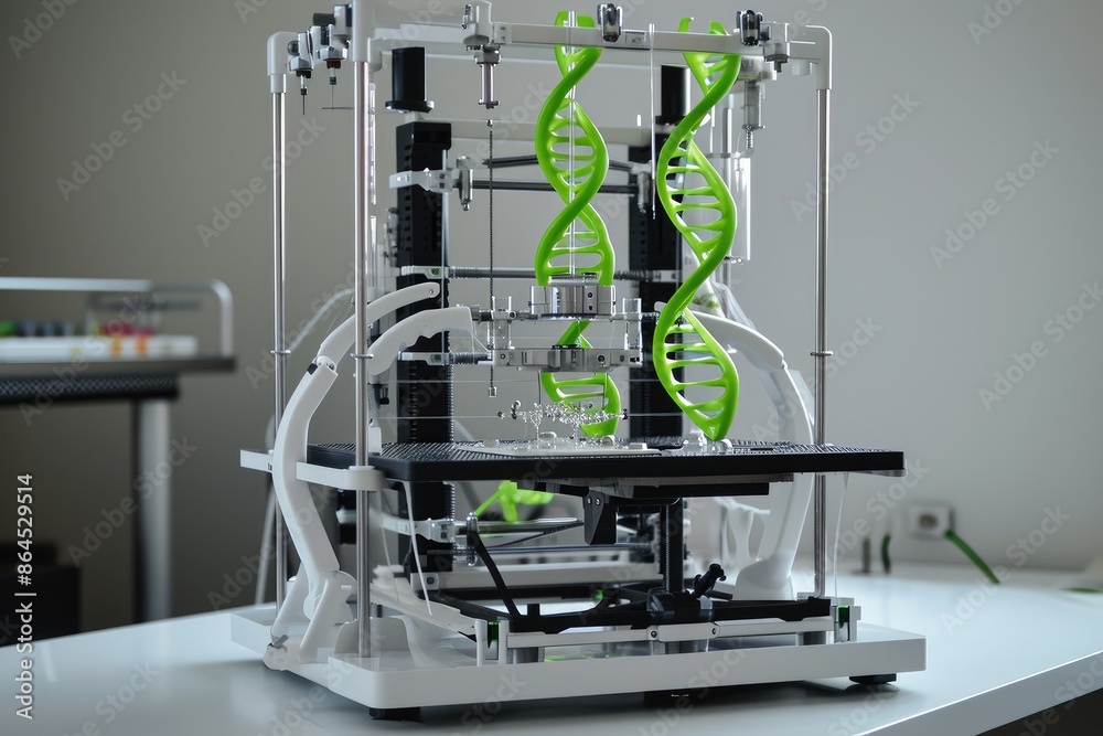 Poster a microscope with a strand of dna on it, Showcase the precision of a DNsynthesizer in 3D