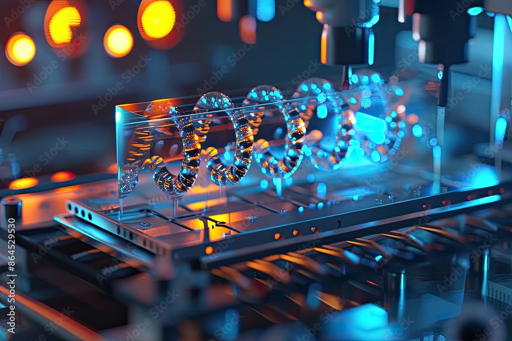 Poster a microscope with a strand of dna on it, showcase the precision of a dnsynthesizer in 3d