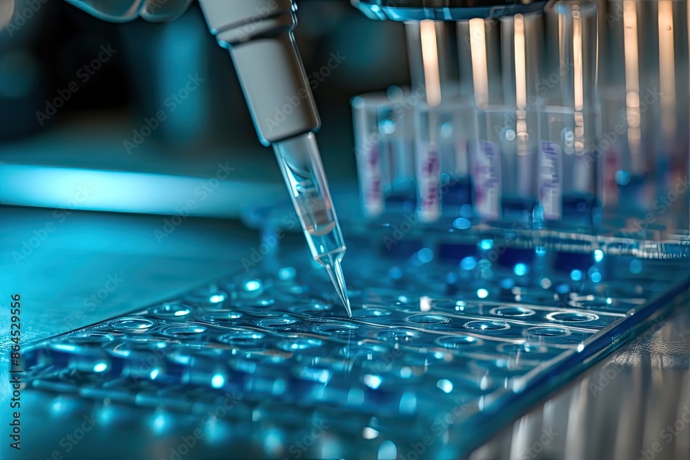 Aufkleber a close up of a machine with a pink light, Showcase the precision of pipetting in a biological context