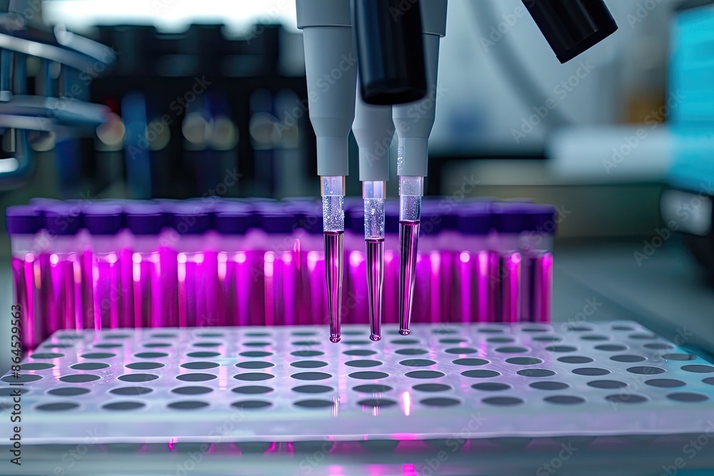 Aufkleber a close up of a machine with a pink light, Showcase the precision of pipetting in a biological context