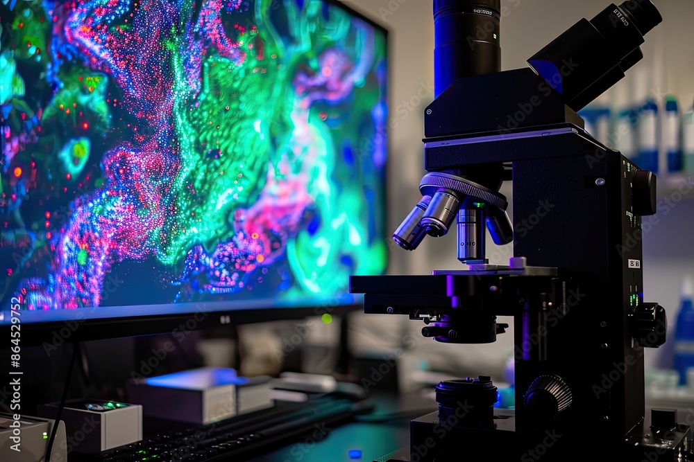 Aufkleber a microscope and a computer monitor on a desk, Showcase the technology behind a super-resolution fluorescence microscope