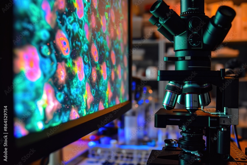 Poster a microscope and a computer monitor on a desk, Showcase the technology behind a super-resolution fluorescence microscope