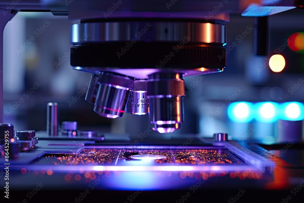 Poster a microscope and a computer monitor on a desk, Showcase the technology behind a super-resolution fluorescence microscope