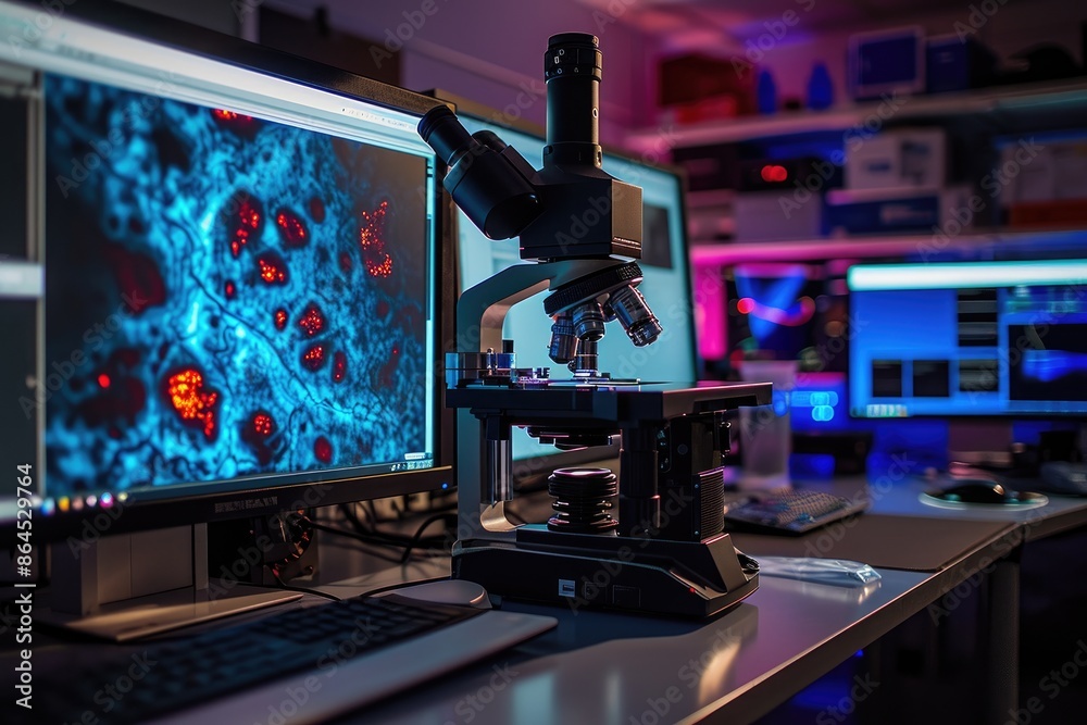 Aufkleber a microscope and a computer monitor on a desk, Showcase the technology behind a super-resolution fluorescence microscope