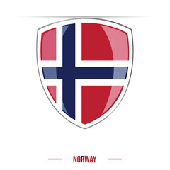 Obraz premium Norway national flag shield shape glossy and shining. 3D flag for national day celebrations or Banner , poster, card, web, social media and digital, print media vector isolated on white background
