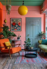 Modern apartment interior with vibrant colors and cozy decor elements