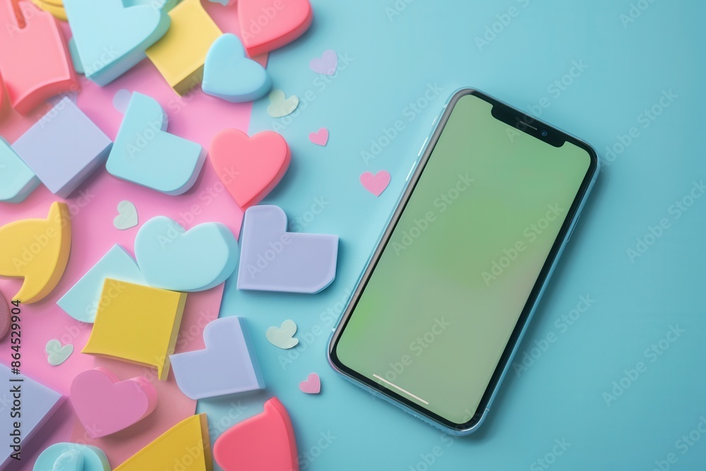 Aufkleber a smartphone with a blank screen sits on a blue background, surrounded by colorful heart shapes. per
