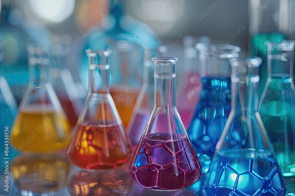 Poster a group of glass flasks filled with colored liquids, study the principles of organometallic chemistr