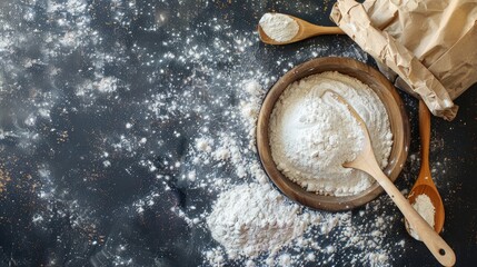 Wooden bowl paper bag and spoon with flour from above Room for text