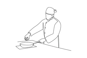 Continuous one line drawing of a chef is pouring batter into a pan. Healthy organic food concept single line draw graphic design vector illustration