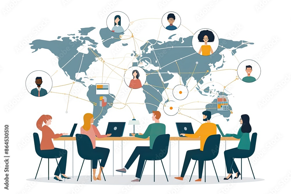 Leinwandbilder people sitting at a table with laptops and social icons, visual depiction of an international virtua