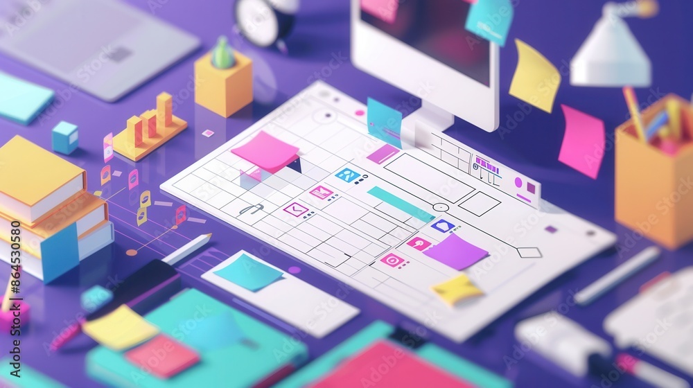 Aufkleber A colorful, 3D illustration depicting a modern home network, with various devices and gadgets interconnected by abstract lines symbolizing data flow. Generative AI