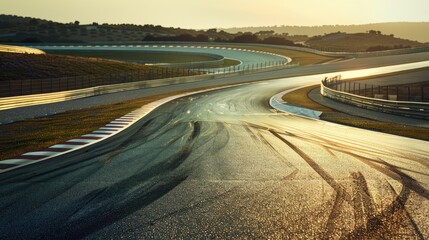 The motor sport asphalt race track takes a turn, devoid of any cars, yet preserving the thrilling...