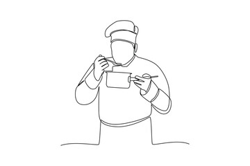 Continuous one line drawing of a chef is trying his cooking. Healthy organic food concept single line draw graphic design vector illustration
