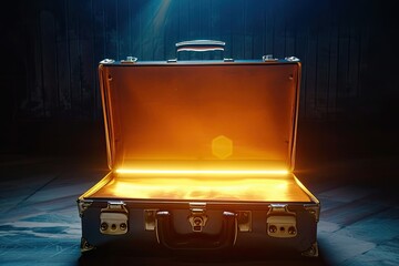 Glowing, mysterious briefcase, briefcase opening to reveal a glowing contract, indicating a high-stakes business deal