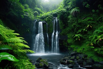 a waterfall in the middle of a lush green forest, captivating double waterfall tucked within a dense jungle