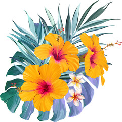 Bouquet of tropical flowers. Hibiscus, paradise flowers. exotic, tropical