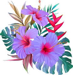 Bouquet of tropical flowers. Hibiscus, paradise flowers. exotic, tropical