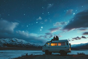 a van with two people sitting on top of it, couple enjoying stargazing from the top of a van in a remote area