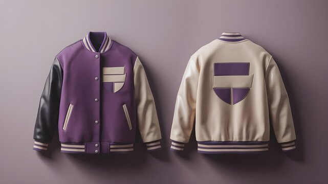 An editable mockup of a varsity jacket with a beige and purple colour scheme that is suited for commercial use