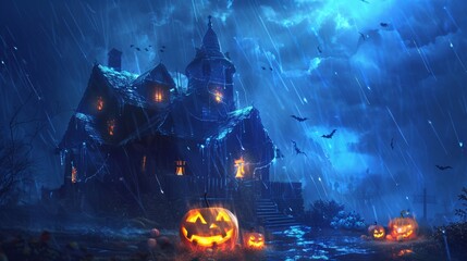 Spooky halloween scene  old haunted house with pumpkins in rainy weather under eerie blue clouds