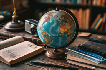 a globe on a table with a pen and a book, globe surrounded by educational tools like books, stationery, and laptop as symbols of global education