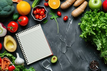 a notebook with a notepad surrounded by vegetables, grocery list featuring a variety of healthy, whole foods neatly written onto a notebook