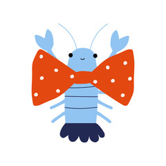 Funny crayfish with big red bow tie. Childish print. Vector hand drawn illustration.
