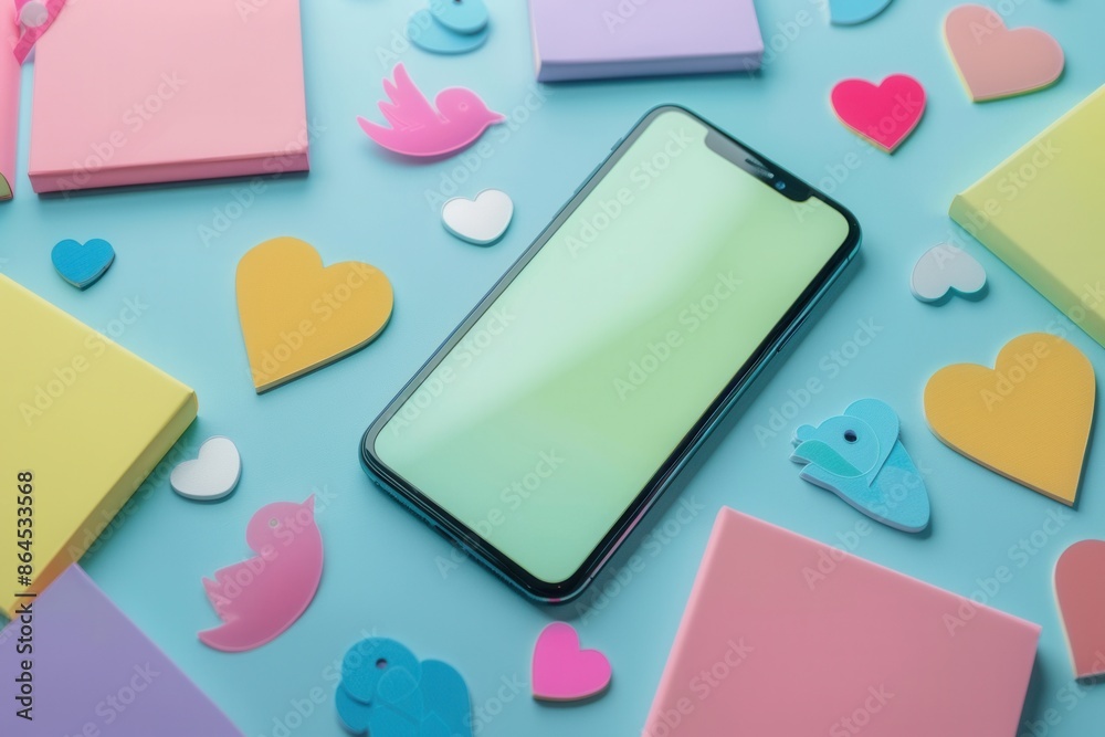 Aufkleber a smartphone with a blank screen rests amongst various colorful icons and social media trends. the i