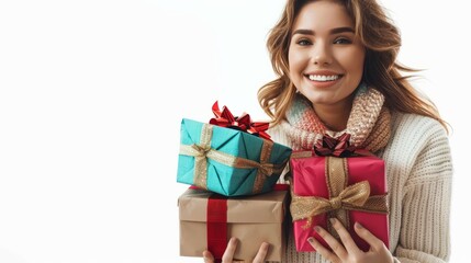 smiling mother holding several gift boxes white background