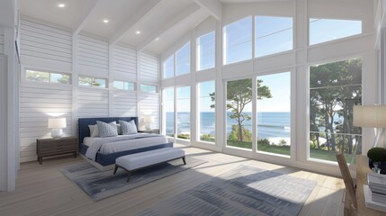 Fototapeta premium A modern bedroom with a king-size bed, a bench at the foot of the bed, and large windows offering a stunning view of the ocean and nearby trees