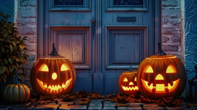 Spooky halloween pumpkins beautifully decorating the house entrance for the festive season