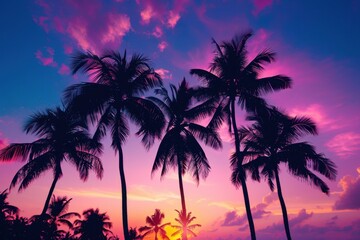 purple blue sky with palm trees, sunset Generative AI