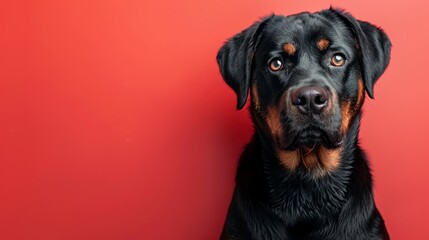 Obraz premium A cute Rottweilersitting on a solid pastel red background