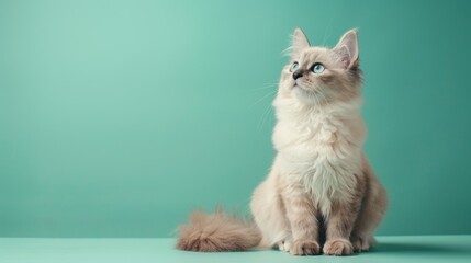 A cute Ragdollssitting on a solid pastel mint background
