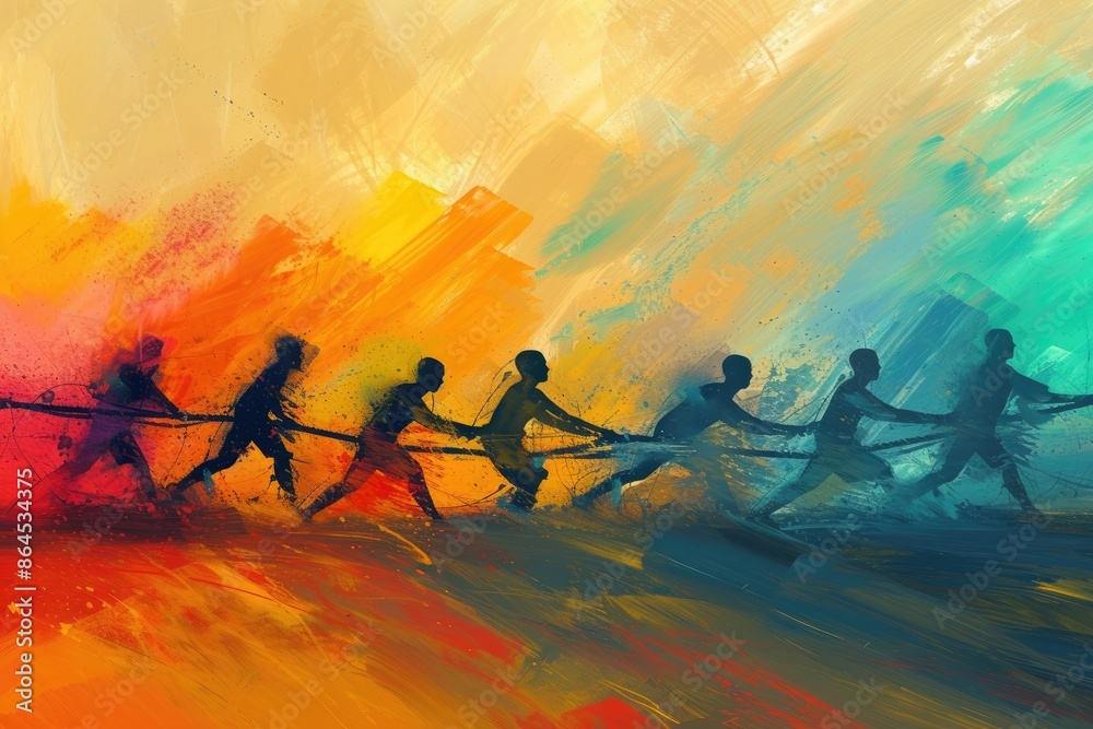 Aufkleber a painting of a group of people pulling a rope, abstract portrayal of a team building activity invol