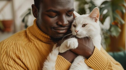 An African American man is holding a white cat in his hands