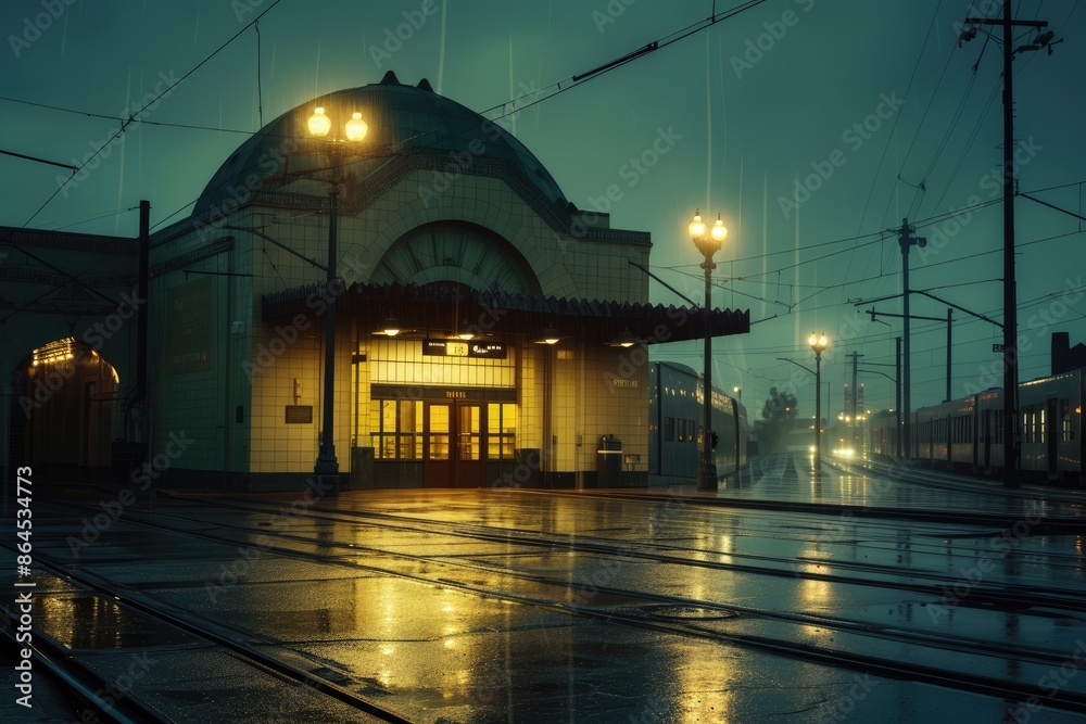 Poster a train station with a clock on the side of it, art deco style train station on a rainy day