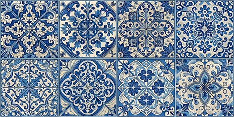 Intricate vintage Portuguese azulejos tiles in four tonal blue variations create a stunning abstract background, showcasing traditional ornate patterns in a beautiful vector illustration.