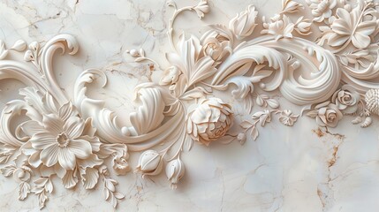 Texture in old art with decorative design. Wall detail antique sculpture with floral carving. Architecture ornamental in Asian vintage classical pattern. White background ornate