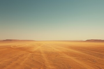 a desert with a few hills in the distance, endless expanse of desert under the midday sun