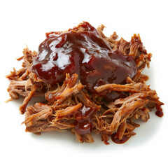 A serving of slow-cooked pulled pork, shredded and covered in barbecue sauce, isolated on white background