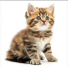Obraz premium A fluffy kitten with big blue eyes, sitting and looking curious, isolated on white background