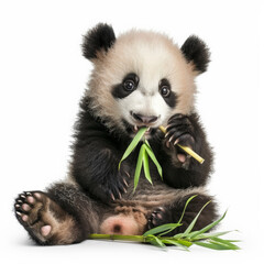 Fototapeta premium A cute baby panda with a playful expression, sitting and chewing bamboo, isolated on white background