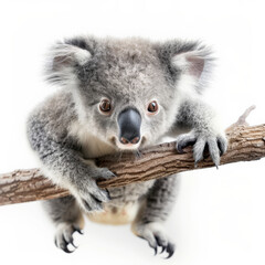 Naklejka premium An adorable baby koala with big eyes and fluffy ears, clinging to a branch, isolated on white background