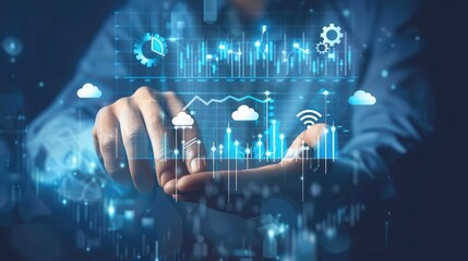 Financial Forecast Hands adjusting a virtual bar chart with weather icons above, indicating economic predictions