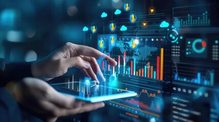 Financial Forecast Hands adjusting a virtual bar chart with weather icons above, indicating economic predictions
