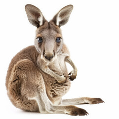 Fototapeta premium An adorable baby kangaroo peeking out of its mother's pouch, isolated on white background