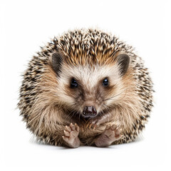 Fototapeta premium A cute baby hedgehog rolled into a little ball with its tiny face peeking out, isolated on white background